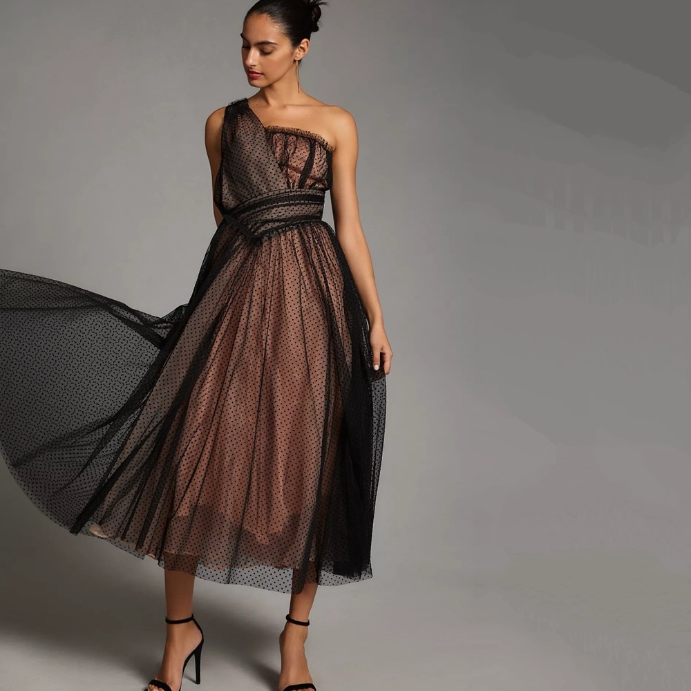 Anthropologie One Shoulder Tulle Polka Dot Maxi Dress